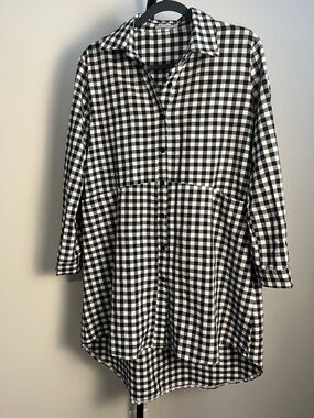 Cellabie Black & White Gingham Mini Shirt Button Up Tunic Dress Relaxed Medium